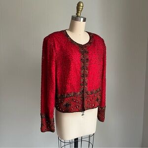 Vintage Laurence Kazar Beaded Sequin Red Blazer Jacket Cardigan Top Medium Bling